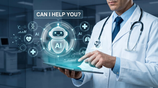 AI Healthcare Technology and Virtual Medical Assistant with Doctor Using Digital Tablet.