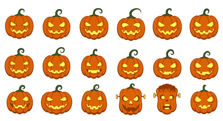 Fototapeta premium Collection of Scary Jack-o-lantern Pumpkin Faces with Spooky Expressions for Halloween Decoration and Graphic Design Projects