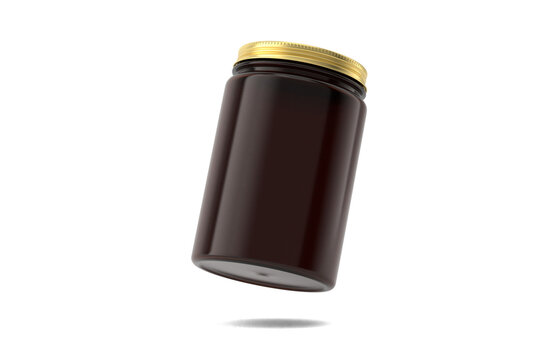 Golden cap plastic wide jar bottle different angles set isolated on a transparent white background 3d rendering