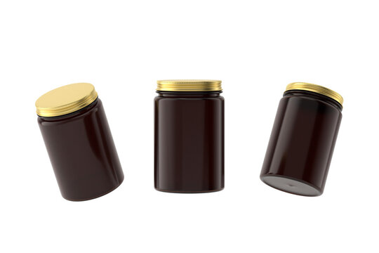 Golden cap plastic wide jar bottle different angles set isolated on a transparent white background 3d rendering