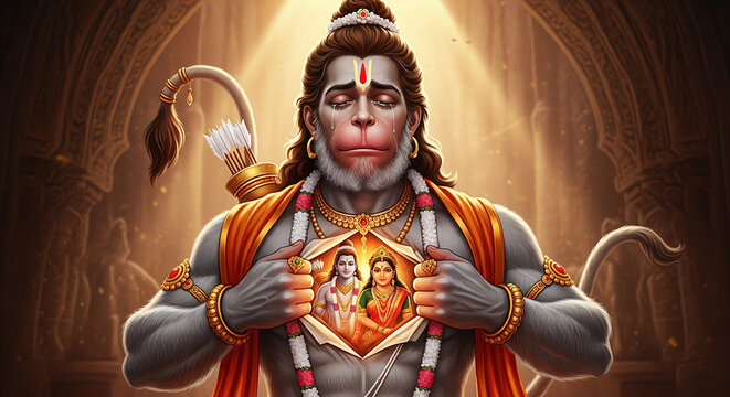 Hanuman revealing Lord Rama and Sita within his devoted heart.