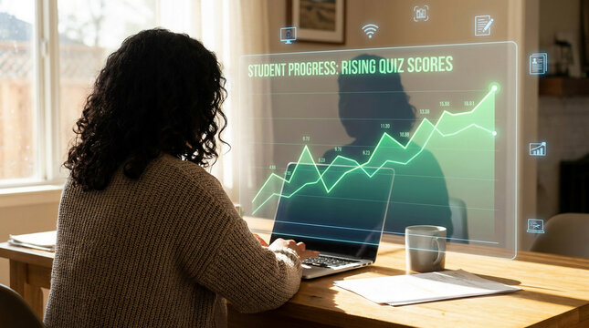 Woman working from home using laptop computer with futuristic interactive hologram displaying student progress rising quiz scores chart data and financial analytics for remote work space.