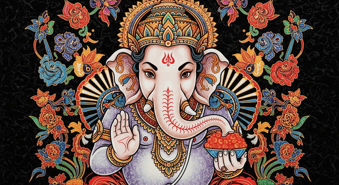 Vibrant depiction of Lord Ganesha offering blessings and sweets.