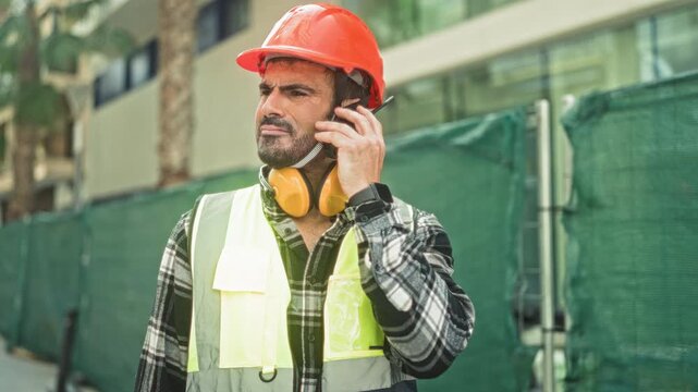 Man engineer in orange hardhat and reflective vest speaks into a walkie talkie and holds radio near building site; safety communication focus.
