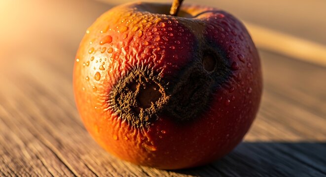 A single rotting red apple with decay and mold on a wooden surface, freshness