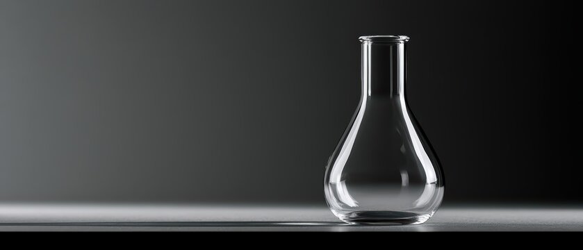 Clear empty laboratory glass flask isolated on black background with space for text or design