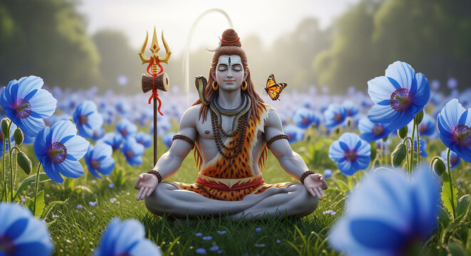 Divine Lord Shiva meditating peacefully in a serene lotus pose radiating spiritual calm and wisdom.