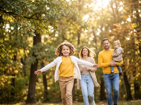 Happy child running towards camera with family in forest
