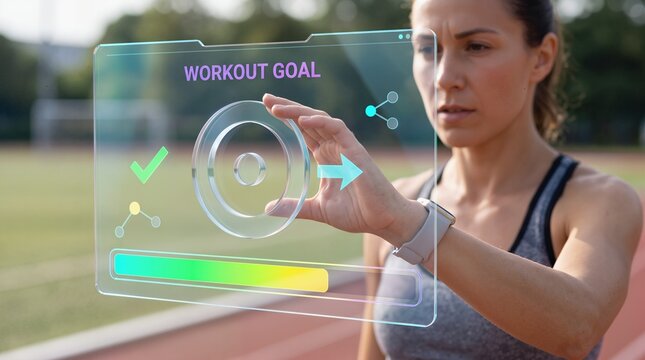 Woman Athlete Tracking Progress with Holographic Fitness Interface on Outdoor Stadium Running Track