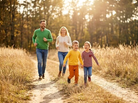 Happy family running together on a path in the forest