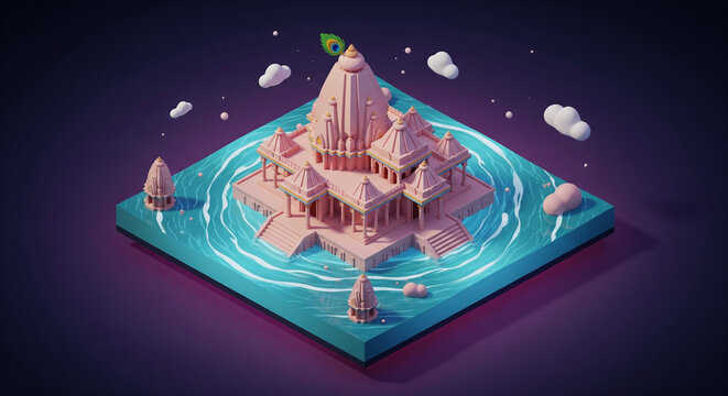 Isometric 3D rendering of a stylized Hindu temple on a floating island with glowing water.