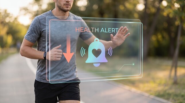 Man Jogging Outdoors with Futuristic Digital Health Alert Interface Monitoring Heart Rate and Vital Signs