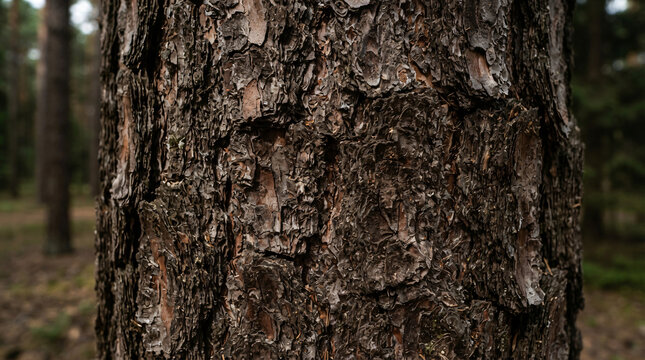 Full frame detailed texture rough brown pine tree bark deep relief cracks organic wooden patterns forestry timber industry nature backdrop concept macro shot environmental pattern panel