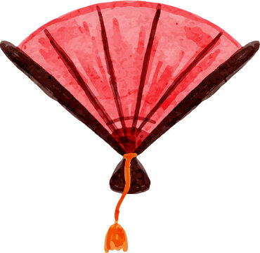 Watercolor red folding fan with tassel