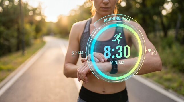 Athletic Woman Tracking Running Performance with Augmented Reality Smartwatch HUD Interface in Park