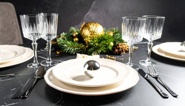 Elegant holiday table setting with crystal glassware and ornaments.