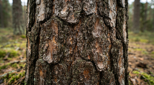 Full frame detailed texture rough brown pine tree bark deep relief cracks organic wooden patterns forestry timber industry nature backdrop concept macro shot environmental pattern panel