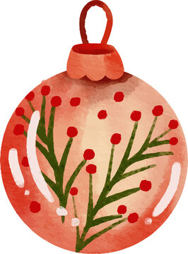 Watercolor Christmas ornament with red berries and green branches