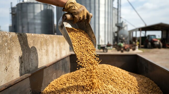 Gloved hand pouring yellow corn kernels from a metal scoop into a grain storage bin at an agricultural facility