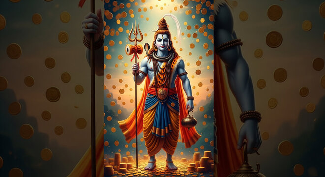 Lord Shiva standing with trident divine blue skin traditional attire.