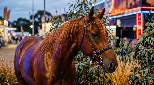 Majestic chestnut horse wearing a bridle at a vibrant night carnival with fairground lights