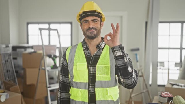 Man engineer in yellow hardhat and high vis vest shows ok sign with right hand amid building renovation with ladders and boxes; confidence competence.