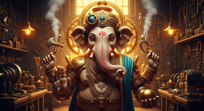 Steampunk Ganesha Deity with Gears and Mechanical Elements.