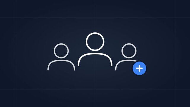 Minimalist animation of three people outline icons with a blue plus button representing add user and networking concept on dark background