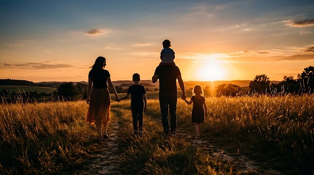 Silhouette of a family walking together in a field at sunset