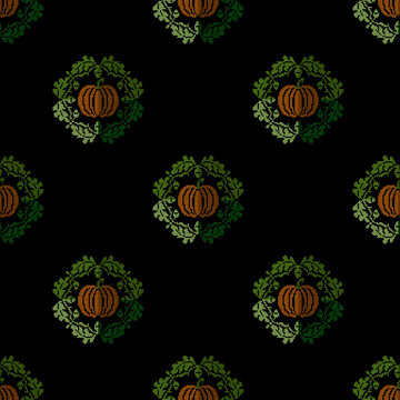 Seamless artwork cross-stitch embroidery needlework pattern with pumpkin and oak leaves on black background