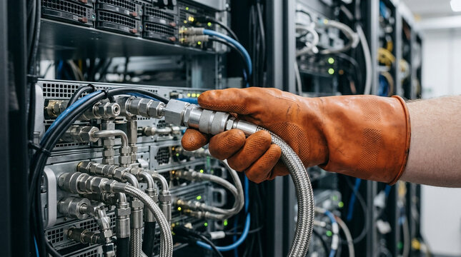 Technician connects a high-pressure hose to a server rack in a modern data center environment.