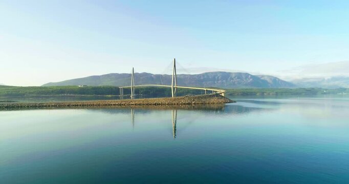 Drone Tracking Shot Reveals Helgeland Bridge Abutment in Leirfjorden, Norway