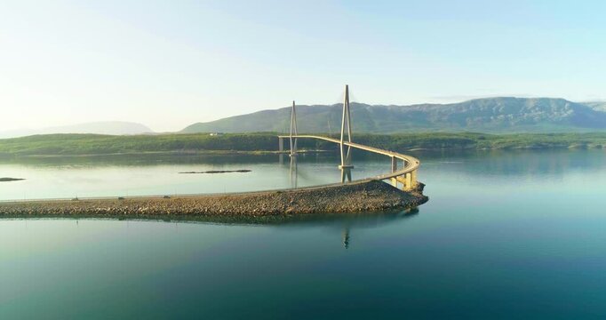 Curved Helgeland Bridge and Pylon Reflections in Leirfjorden, Norway