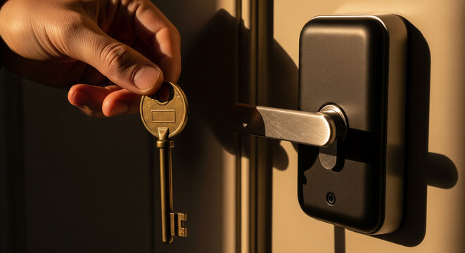 Hand holding a brass key poised to unlock a modern smart door lock system.