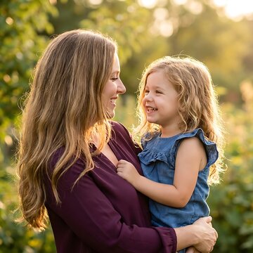 Mother holding her young daughter in a sunlit outdoor garden