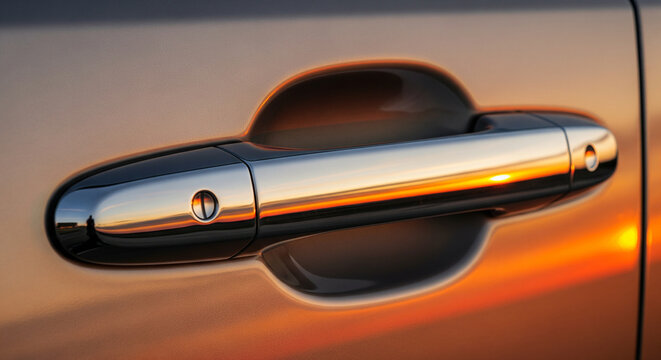 Reflective chrome car door handle illuminated by warm sunset light.