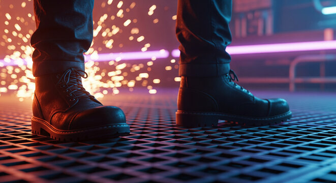 Persons legs in dark sturdy work boots standing on a metal grate.