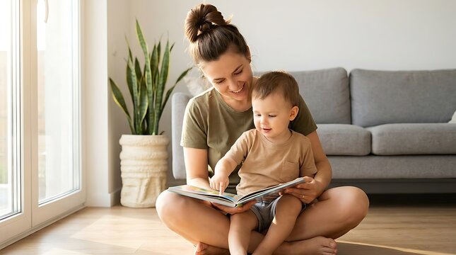 Mother and son sitting on the floor reading a book together