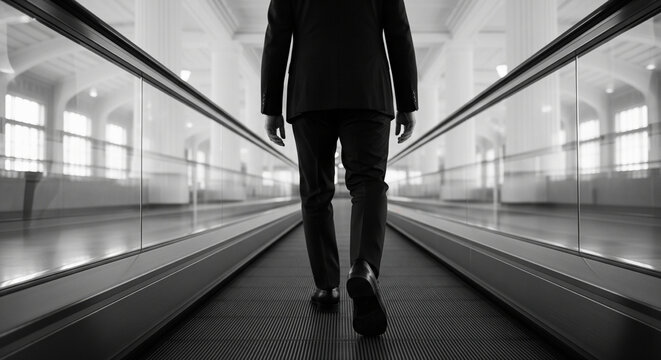 Man in a suit walking away on a long reflective path.