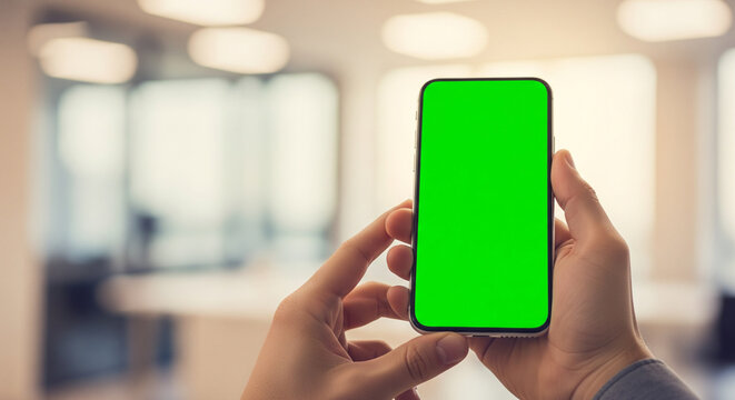 Persons hands holding a modern smartphone with a vibrant green screen display.