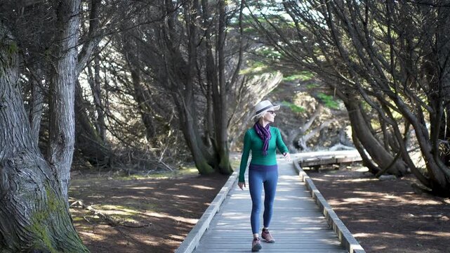 A senior woman enjoys walking along the boardwalk at Mac Kerricher State Park in Fort Bragg California near the ocean on a clear day