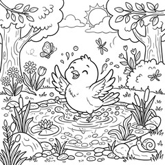 Fototapeta premium Cute Bird Splashing in a Pond Coloring Page