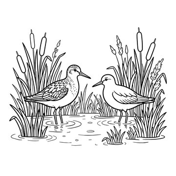 Two Sandpipers in Wetland Marsh with Reeds Vector Illustration