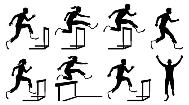 isolated set of black silhouettes featuring amputee athletes with blade prostheses jumping hurdles and celebrating success, disability sports