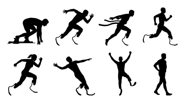 Set of black silhouettes of athletes with blade prosthesis in various running poses, paralympic sports competition, active lifestyle, disability