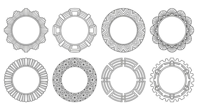 Set of eight decorative circular frames with ornate geometric patterns, elegant border elements for badges, labels, invitations, and festive card