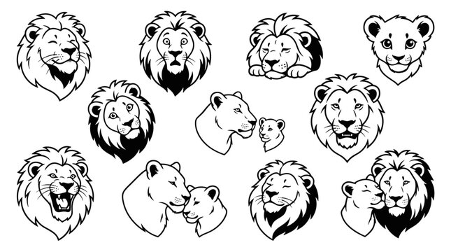 Set of lion head illustrations featuring diverse expressions and pride dynamics, black and white line icons for branding, wildlife conservation