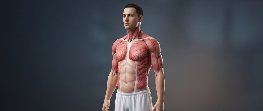 Generic Male Muscular Anatomy Model in Three-Quarter View