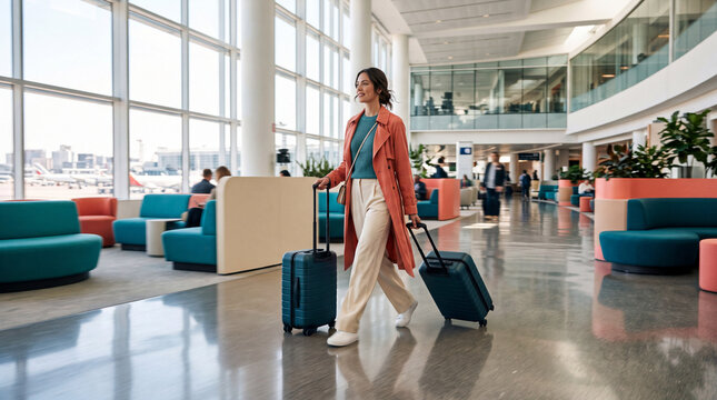 Stylish traveler walking through a modern airport lounge