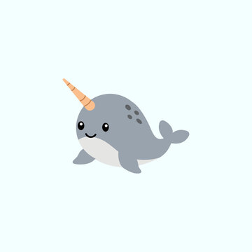 Cute Narwhal Cartoon Vector, Ocean Animal Character